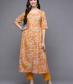 women yellow cotton floral printed a-line kurta