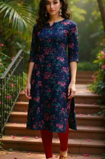 women navy blue rayon blend floral printed straight kurta