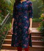 women navy blue rayon blend floral printed straight kurta