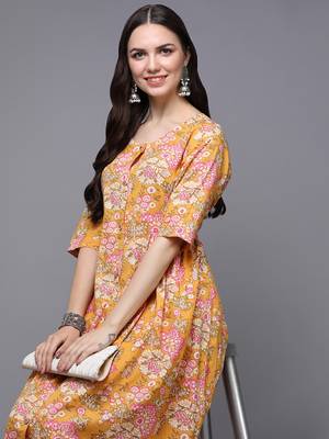 women yellow cotton floral printed a-line kurta 2