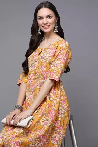 women yellow cotton floral printed a-line kurta