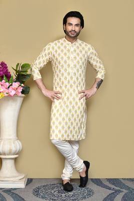 Yellow printed cotton kurta pajama 4