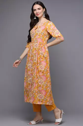 women yellow cotton floral printed a-line kurta