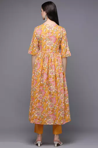 women yellow cotton floral printed a-line kurta