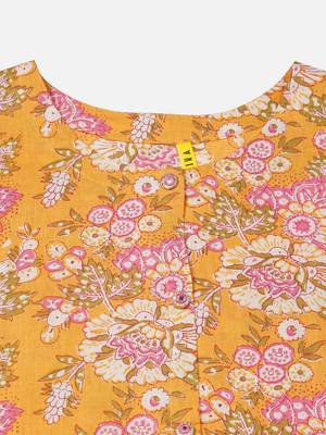 women yellow cotton floral printed a-line kurta 5