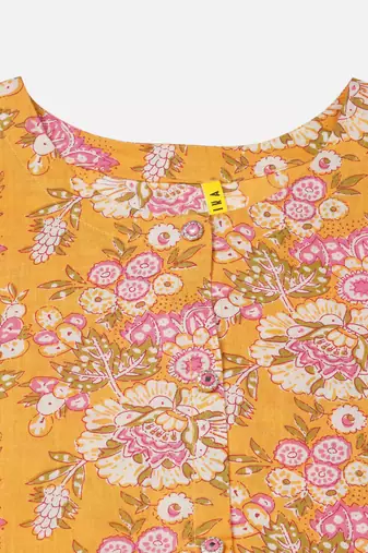 women yellow cotton floral printed a-line kurta