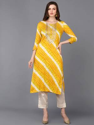 women yellow viscose rayon leheriya embroidered straight kurta 1