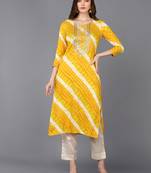 women yellow viscose rayon leheriya embroidered straight kurta