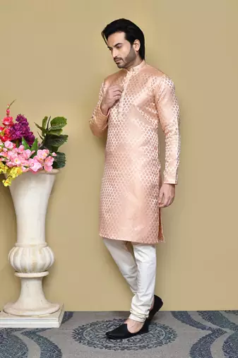Rust embroidered art silk kurta pajama