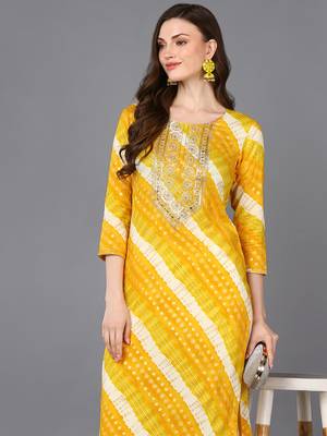 women yellow viscose rayon leheriya embroidered straight kurta 2