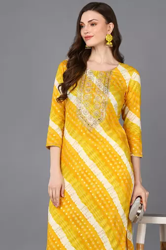women yellow viscose rayon leheriya embroidered straight kurta
