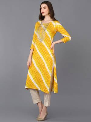 women yellow viscose rayon leheriya embroidered straight kurta 3