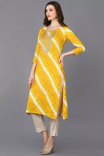 women yellow viscose rayon leheriya embroidered straight kurta
