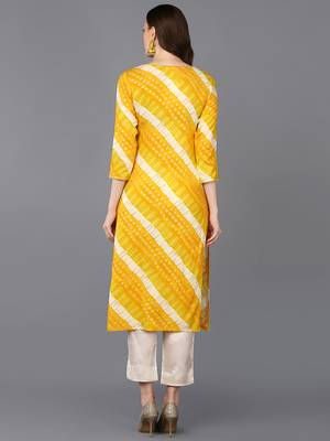 women yellow viscose rayon leheriya embroidered straight kurta 4