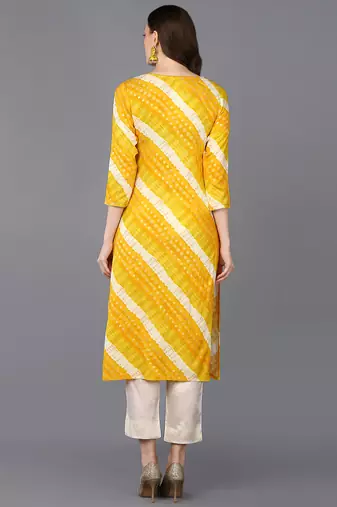 women yellow viscose rayon leheriya embroidered straight kurta