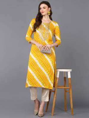 women yellow viscose rayon leheriya embroidered straight kurta 5