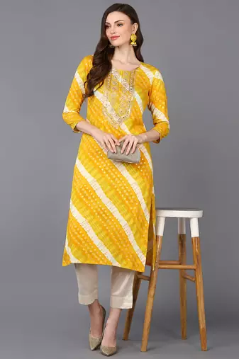 women yellow viscose rayon leheriya embroidered straight kurta