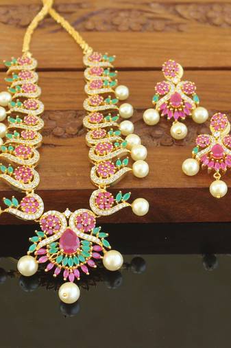 Designer gold plated cz necklace set