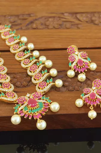 Designer gold plated cz necklace set