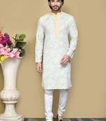 Yellow printed cotton kurta pajama