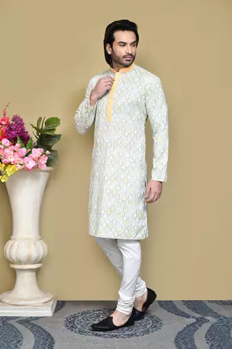Yellow printed cotton kurta pajama
