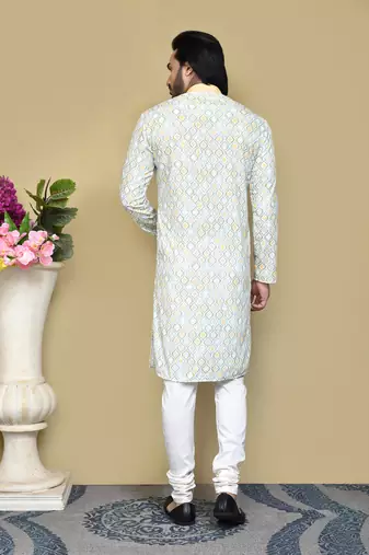Yellow printed cotton kurta pajama