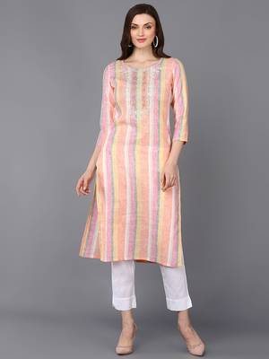 women multi cotton striped embroidered straight kurta 1