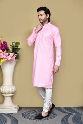 Pink embroidered cotton kurta pajama 2