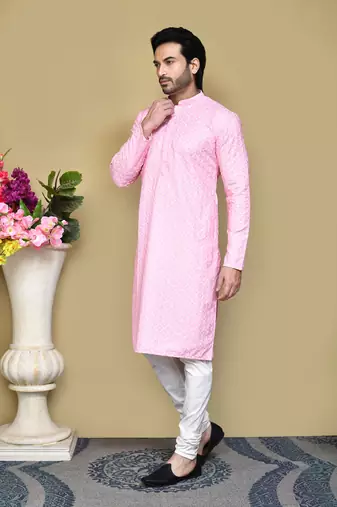 Pink embroidered cotton kurta pajama