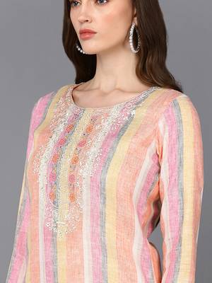 women multi cotton striped embroidered straight kurta 2