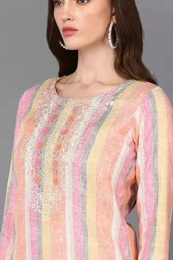 women multi cotton striped embroidered straight kurta