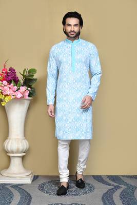 Sea green printed cotton kurta pajama 1