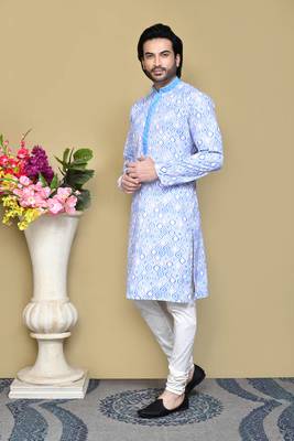 Sky blue printed cotton kurta pajama 2
