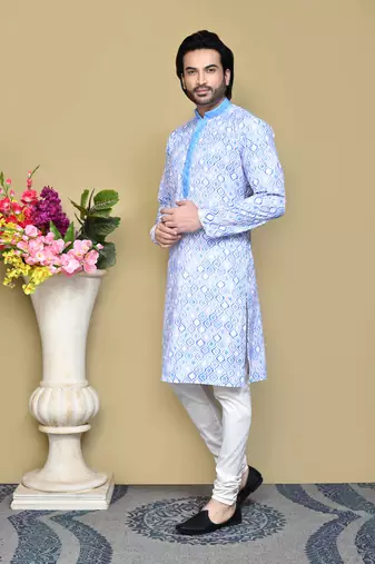 Sky blue printed cotton kurta pajama