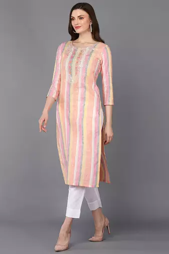 women multi cotton striped embroidered straight kurta