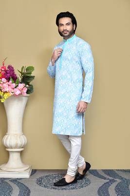 Sea green printed cotton kurta pajama 2