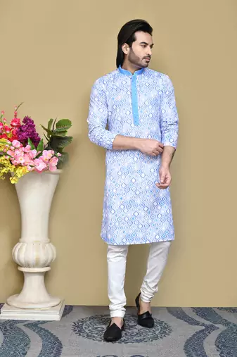 Sky blue printed cotton kurta pajama