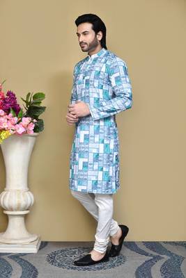 Green printed cotton kurta pajama 2
