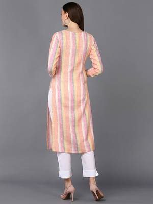 women multi cotton striped embroidered straight kurta 4