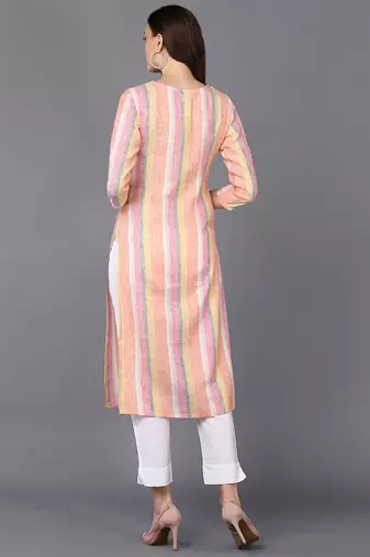 women multi cotton striped embroidered straight kurta