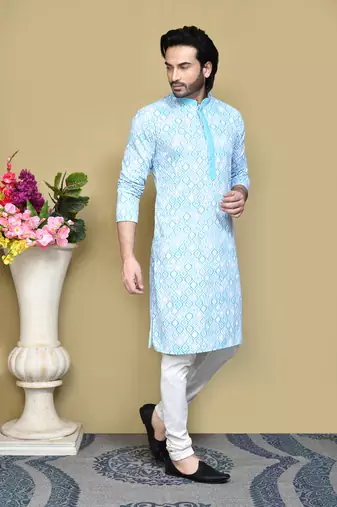 Sea green printed cotton kurta pajama