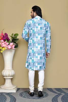 Green printed cotton kurta pajama 3