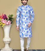 Blue printed cotton kurta pajama