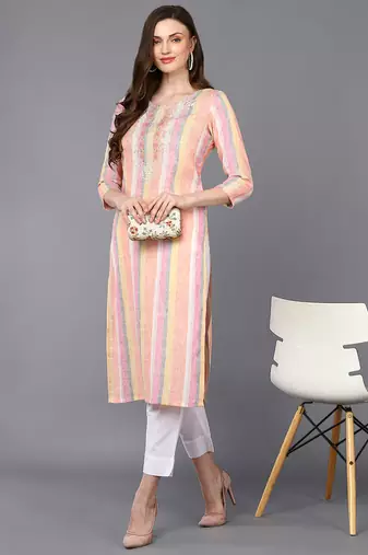 women multi cotton striped embroidered straight kurta