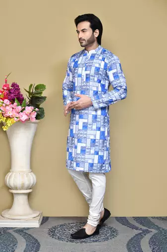Blue printed cotton kurta pajama