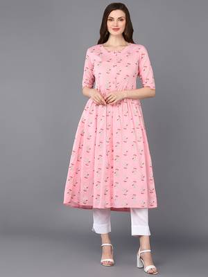 women pink cotton ethnic motifs printed a-line kurta 1