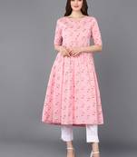 women pink cotton ethnic motifs printed a-line kurta