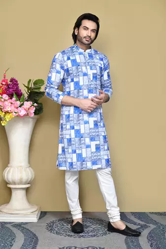 Blue printed cotton kurta pajama