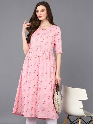 women pink cotton ethnic motifs printed a-line kurta 2