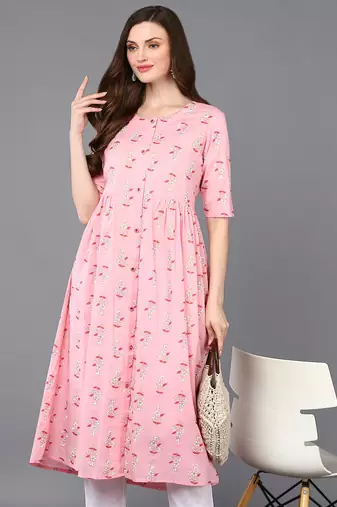 women pink cotton ethnic motifs printed a-line kurta